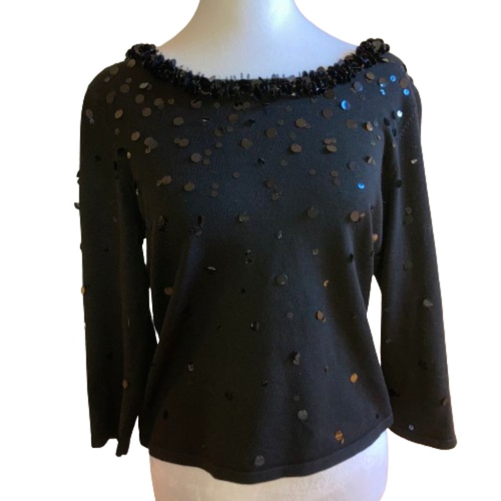 Talbots Black Silk Sequin Lightweight Fancy Sweater, Special Occasion, Size MP